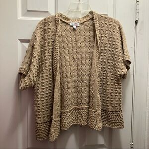 Denim & Co tan crochet short-sleeve open-front Button cardigan Large